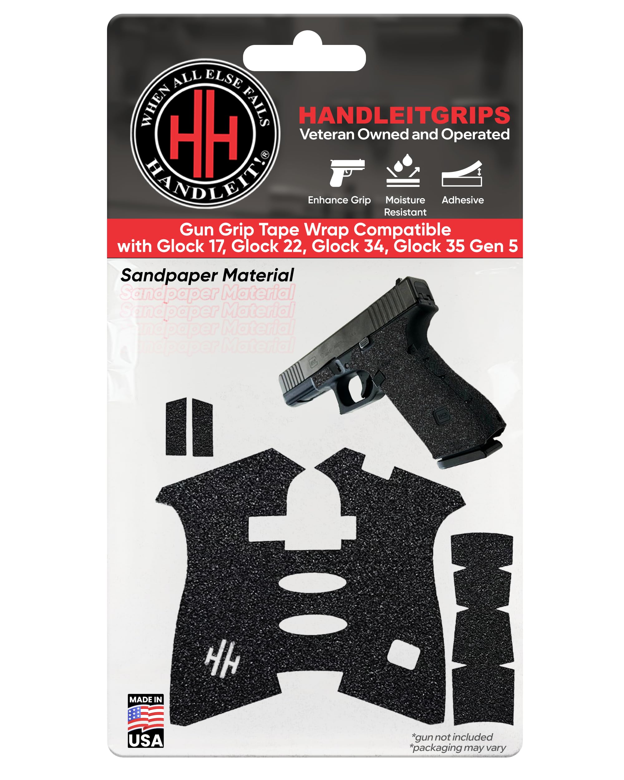 Gun Grip Tape Compatible with Glock 17, Glock 22, 34, 35 Gen 5 - Black Sandpaper Pistol Grip Tape, Easy Installation, Gun Parts & Accessories, Veteran Owned, Made in USA