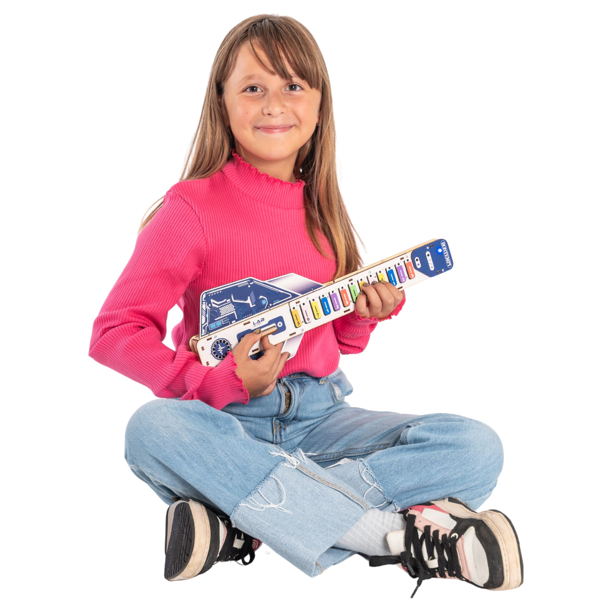 BONTEMPI - Kit di Montaggio Chitarra Elettronica con Componenti in Legno, Unità di Controllo Elettronica, Altoparlanti, 20 Brani Pre-Registrati, 5 Suoni, Volume Regolabile 165x415x50 mm