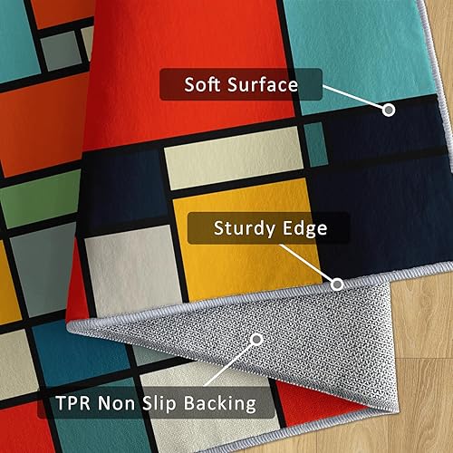 Miniatura 137 de Alfombra retro de los años 70, alfombras de área de 6 x 8 pies, patrón geométrico moderno de mediados de siglo, para sala de estar, dormitorio,