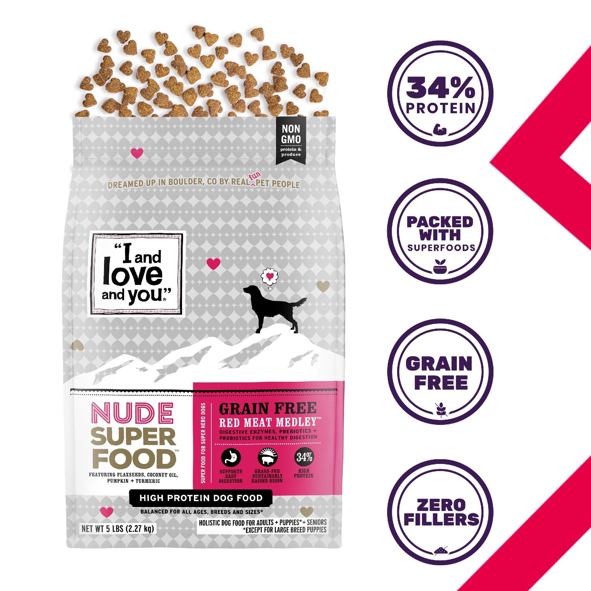 I AND LOVE AND YOU, Nude Food Dog Food, Grain Free Natural Kibble, Red Meat Medley, 23lb by