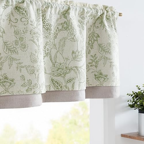 jinchan Cortina de lino con cenefa de lino con estampado floral para cocina, cenefa opaca rústica para sala de estar, dormitorio, bolsillo para