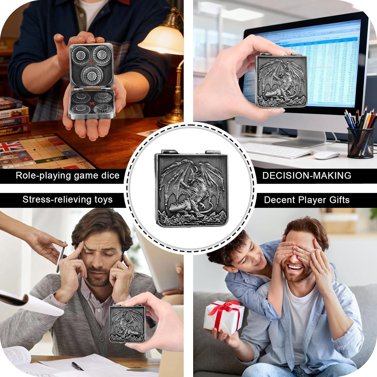 7-in-1 DND Pocket Spinner Dice Set, Foldable Flip Dice with Delicate Dragon Iron Box, Compact Dice Set for DND Role-Playing Games Fans (Silver)