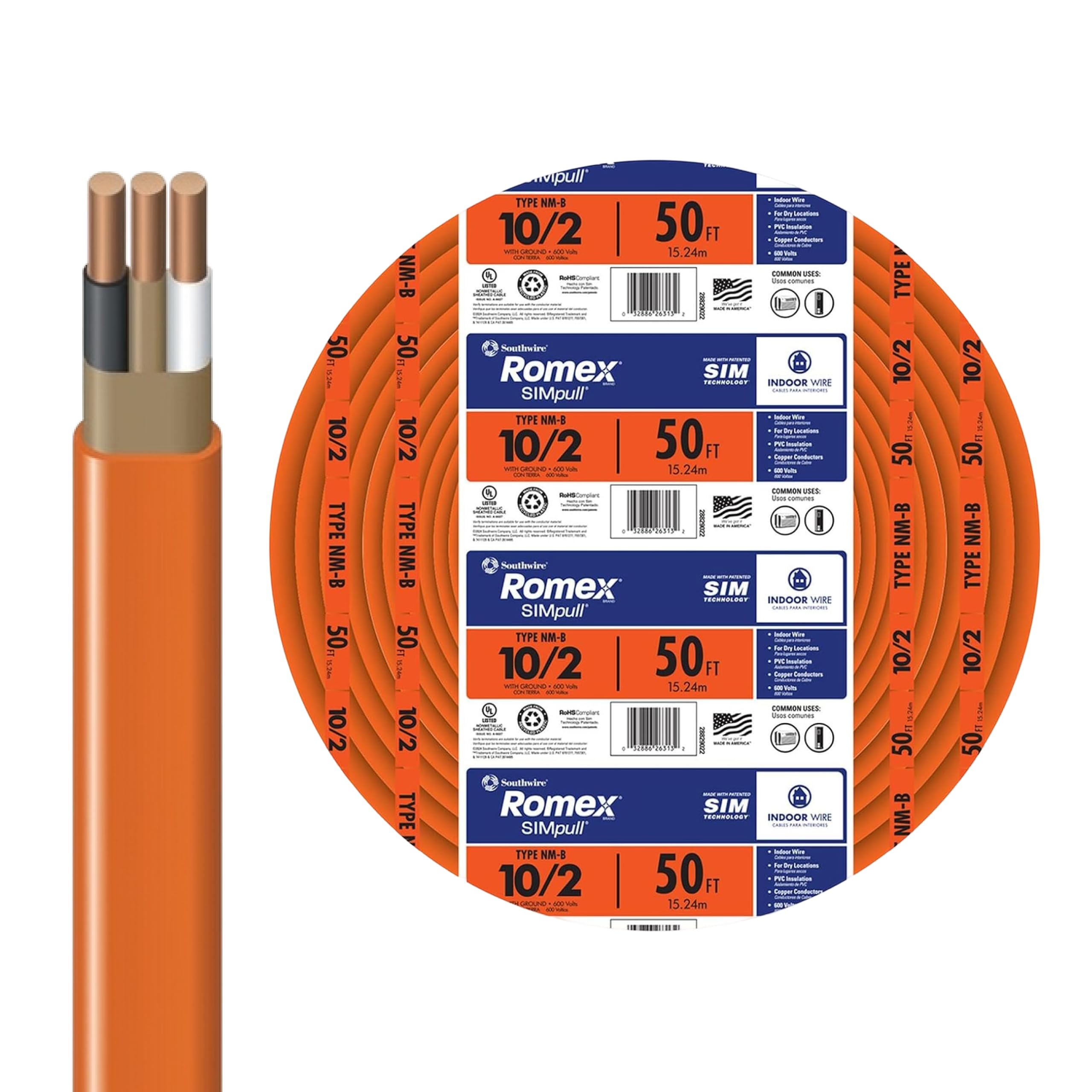 Southwire Romex Brand Simpull™ Solid Indoor 10/2 W/G NMB Cable