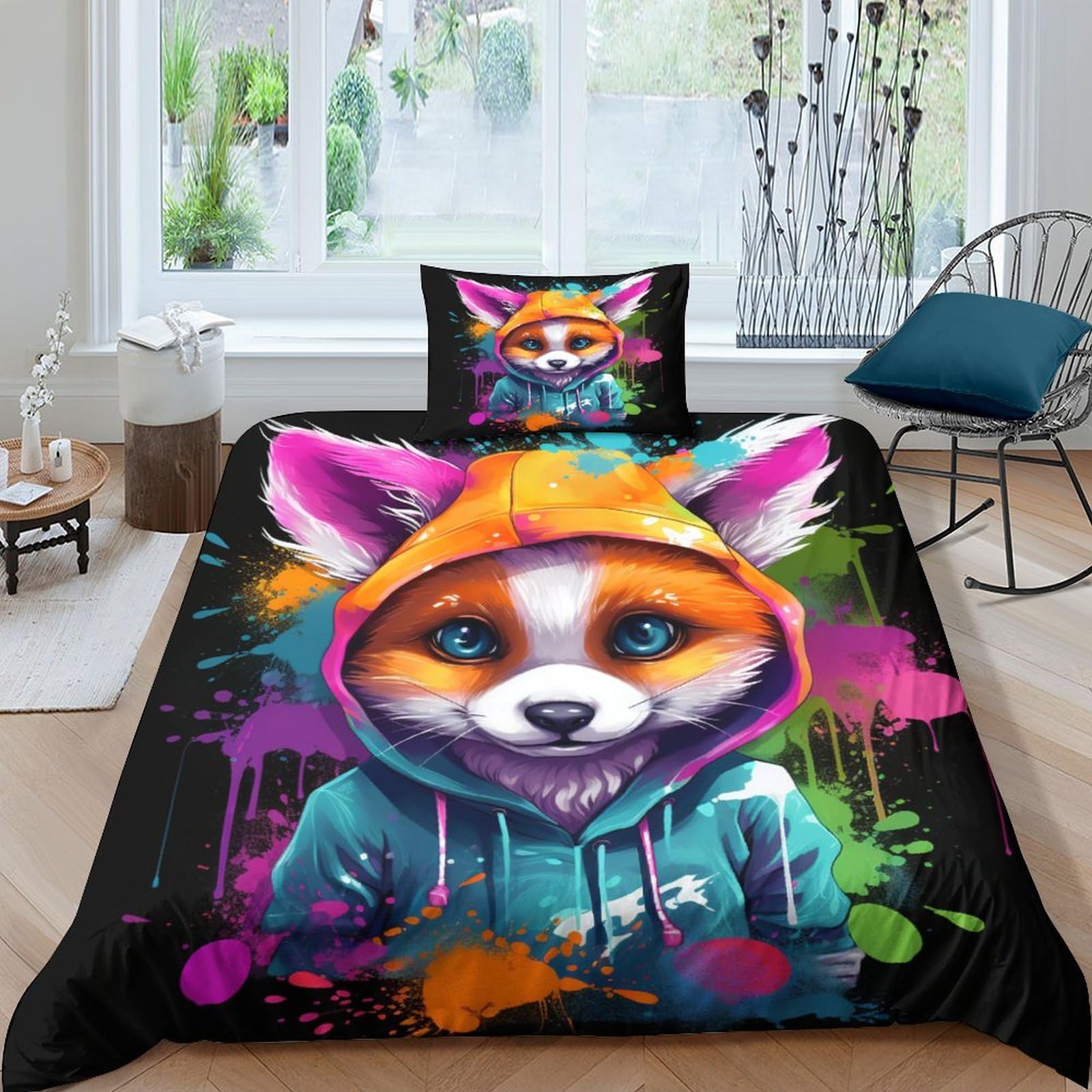 Housse de couette 135x200 microfibre anti-froissement à zip pour lit enfant motif renard 3D