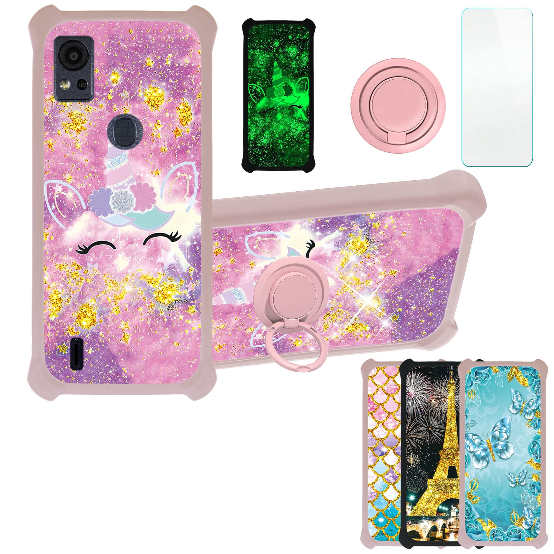 Cricket Icon 5 Phone Case Compatible with AT&T Motivate 4 Phone Case Cover [with Tempered Glass Screen Protector][PC + TPU 2 in 1][Ring Support] [Gold Glitter+Luminous] JSF-DJS