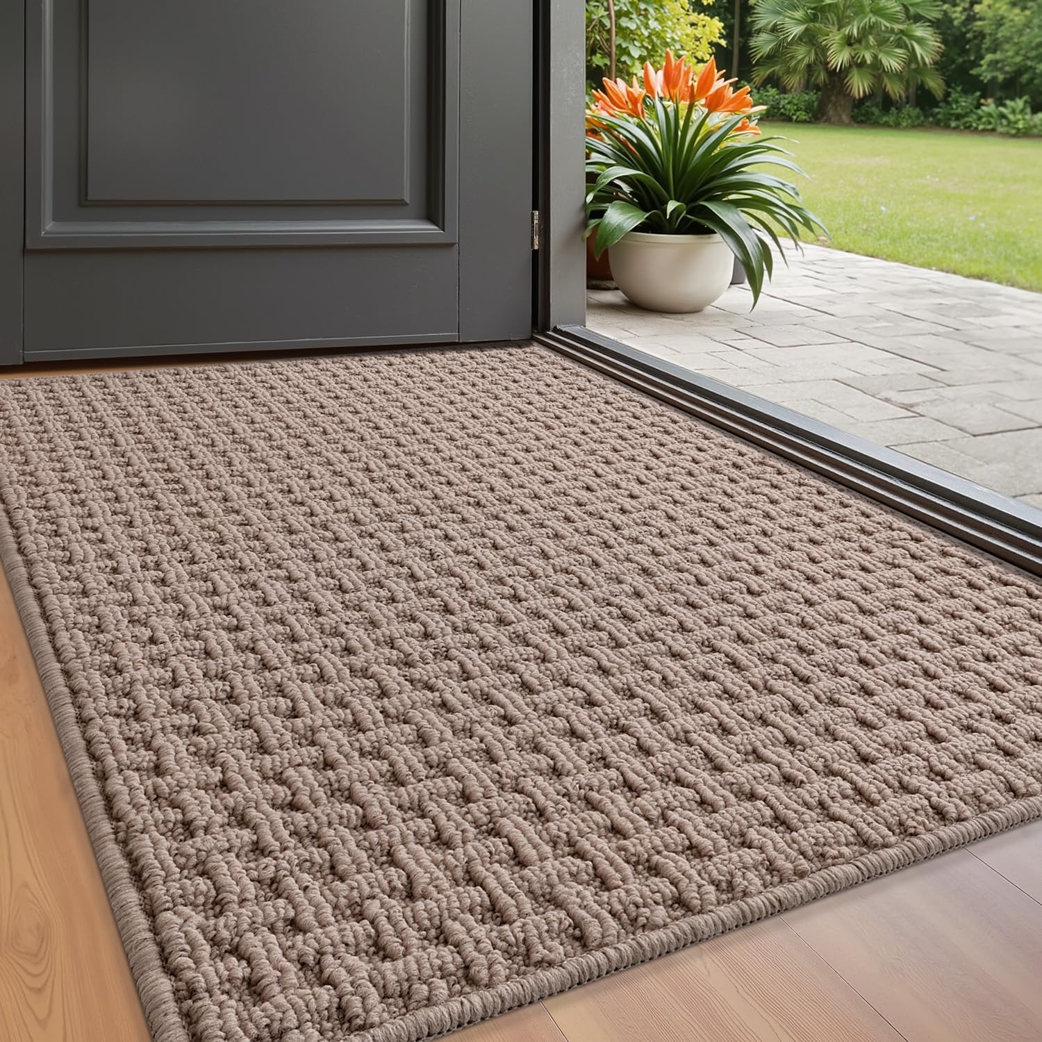LUMI Washable Door Mat Indoor Entrance 24x36, Dirt Trapper Front Door Mats with Absorbent Interior and Non-Slip Rubber Backing, Entryway Doormat, Beige