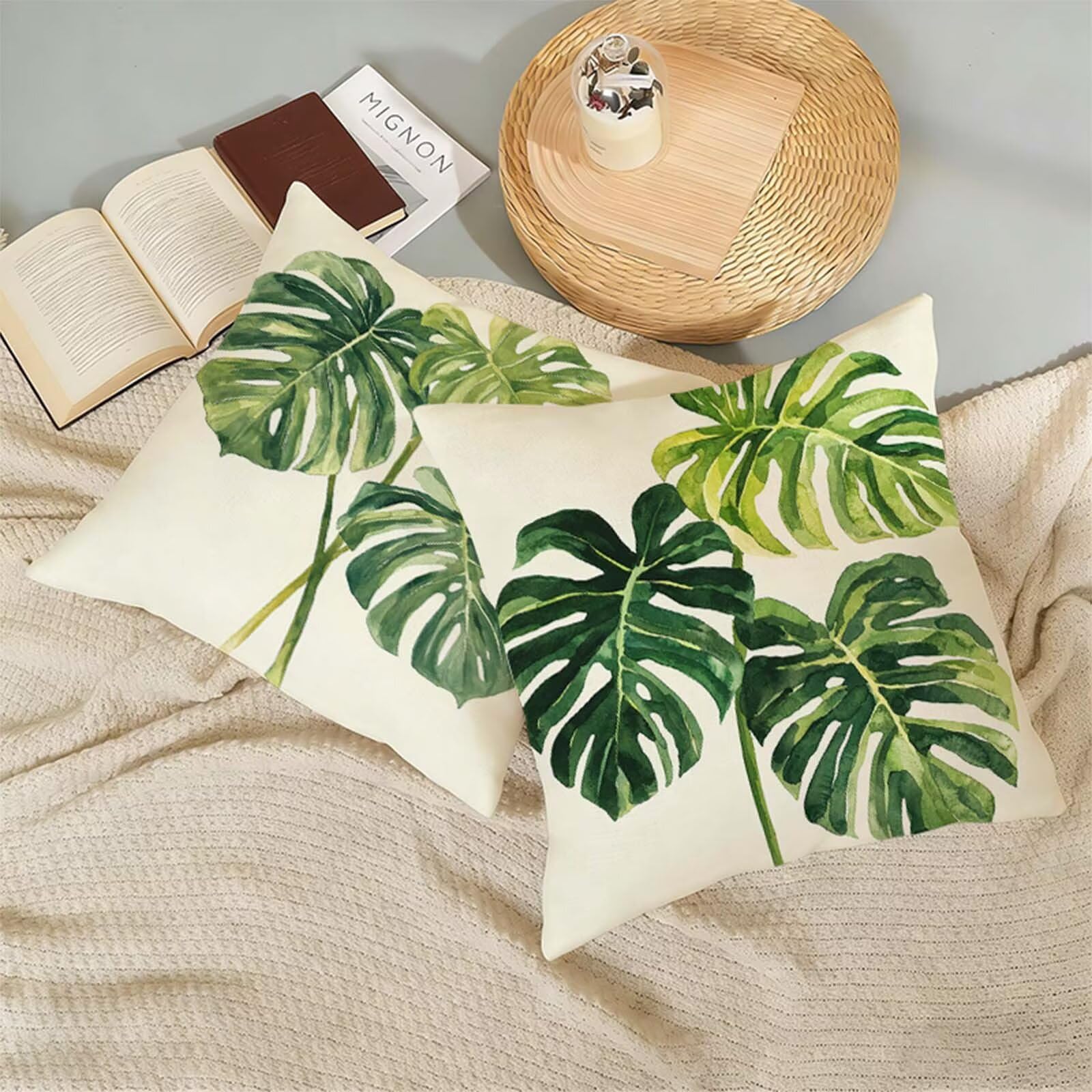 Fundas Cojines 80 x 80 CM Crema Juego de 2, Impermeable Exterior Funda Cojin Lino, Cómodo Transpirables, Antimanchas y Durable Funda de Cojines Hojas Primavera Salón, Dormitorio Decoración Hogar X-308