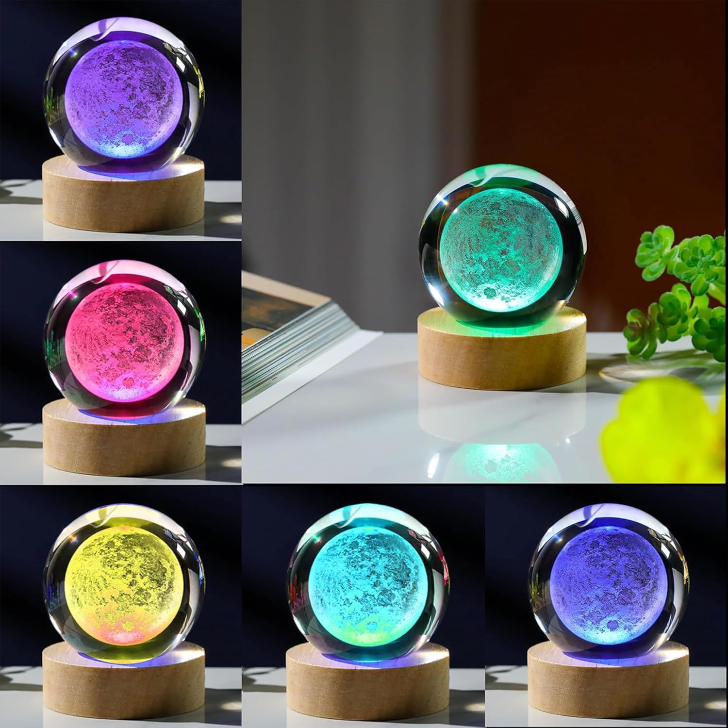 3D Moon Crystal Ball with LED Stand, Remote Control, 16 Colors Change, Moon Figurine Glass Sphere Lamp Night Light Gifts for Women Kids(80mm)