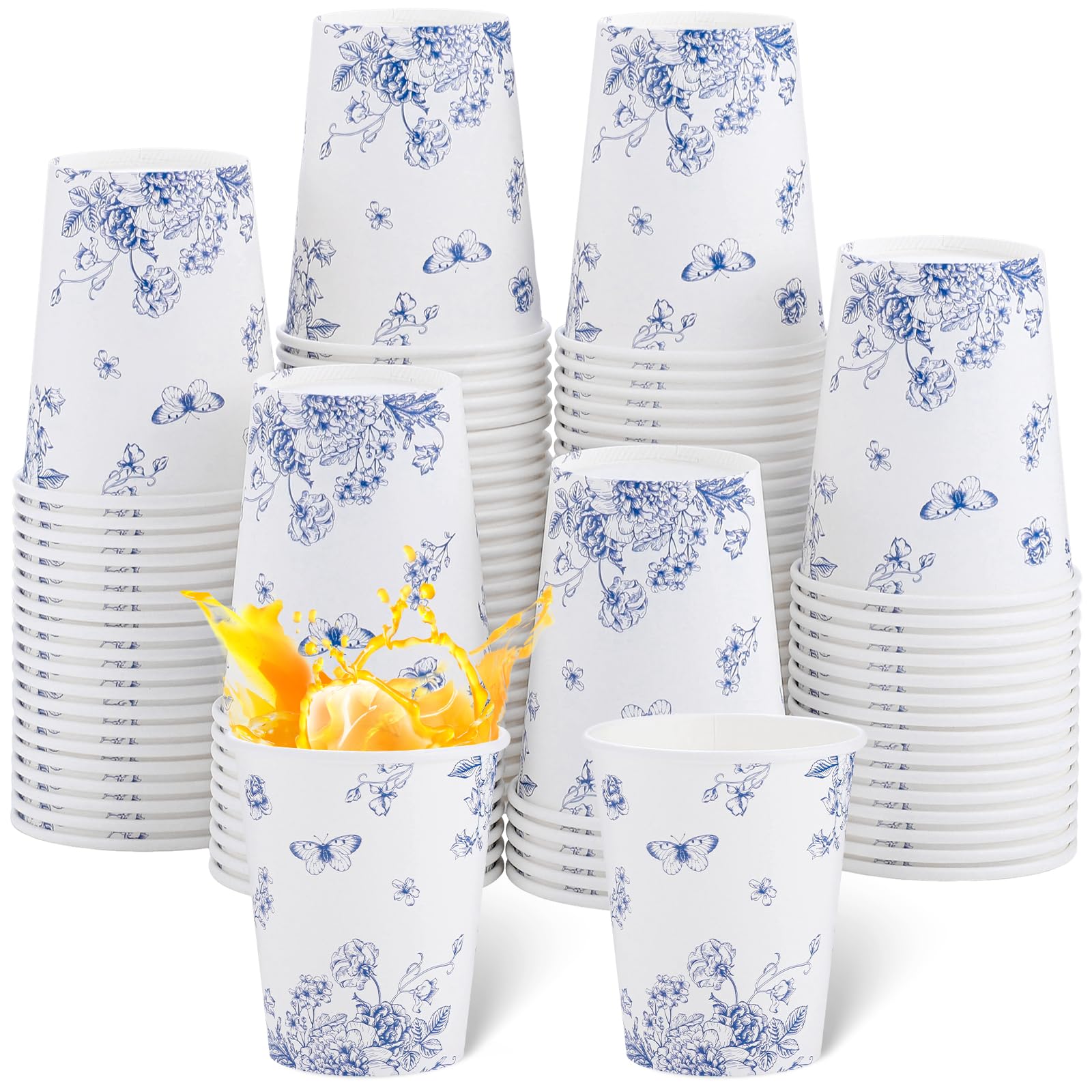 NatNarr 100 Pack Blue Floral Paper Drinking Cup, 9oz Tea Party Cups Disposable Spring Paper Cups, Drinking Cup for Hot Cold Beverage Picnic Birthday Barbecue Tea Party Wedding