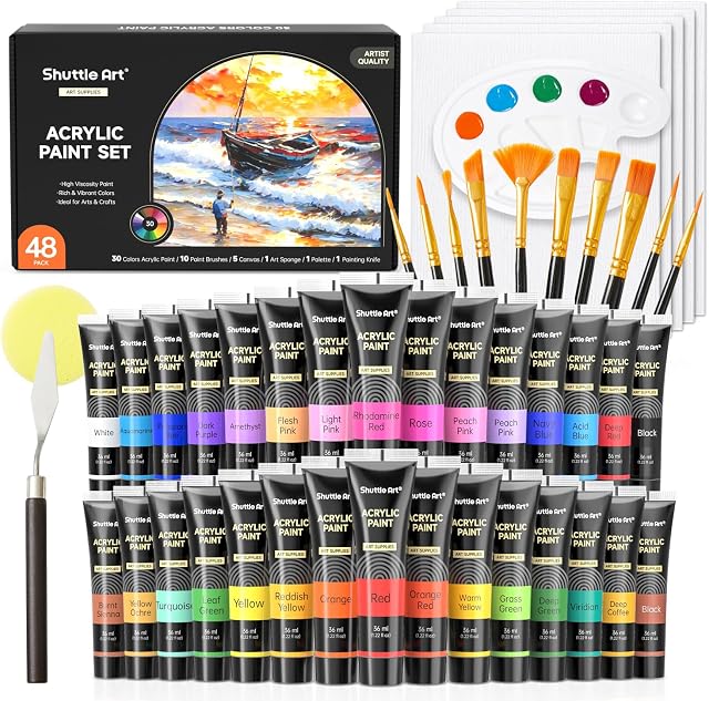 Shuttle Art 48 Ensemble de peinture acrylique, 30 Couleurs Peinture acrylique36ml) avec 10 Brosses 5 Toile 1 Couteau de peinture 1 Palette 1 Éponge, Ensemble complet pour les enfants, Adultes Peinture sur Toile Rocks Wood Ceramic