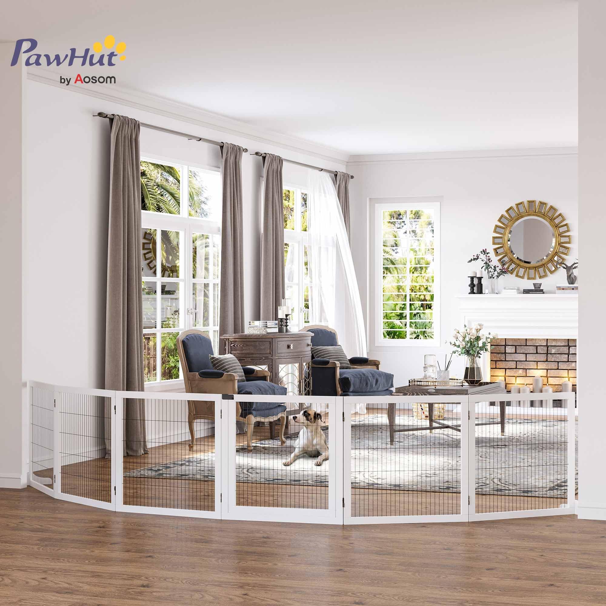 PawHut Barrière de sécurité Chien barrière autoportante barrière modulable Pliable 6 Panneaux 2 Pieds Support Bois de pin 432 x 36 x 70 cm Blanc