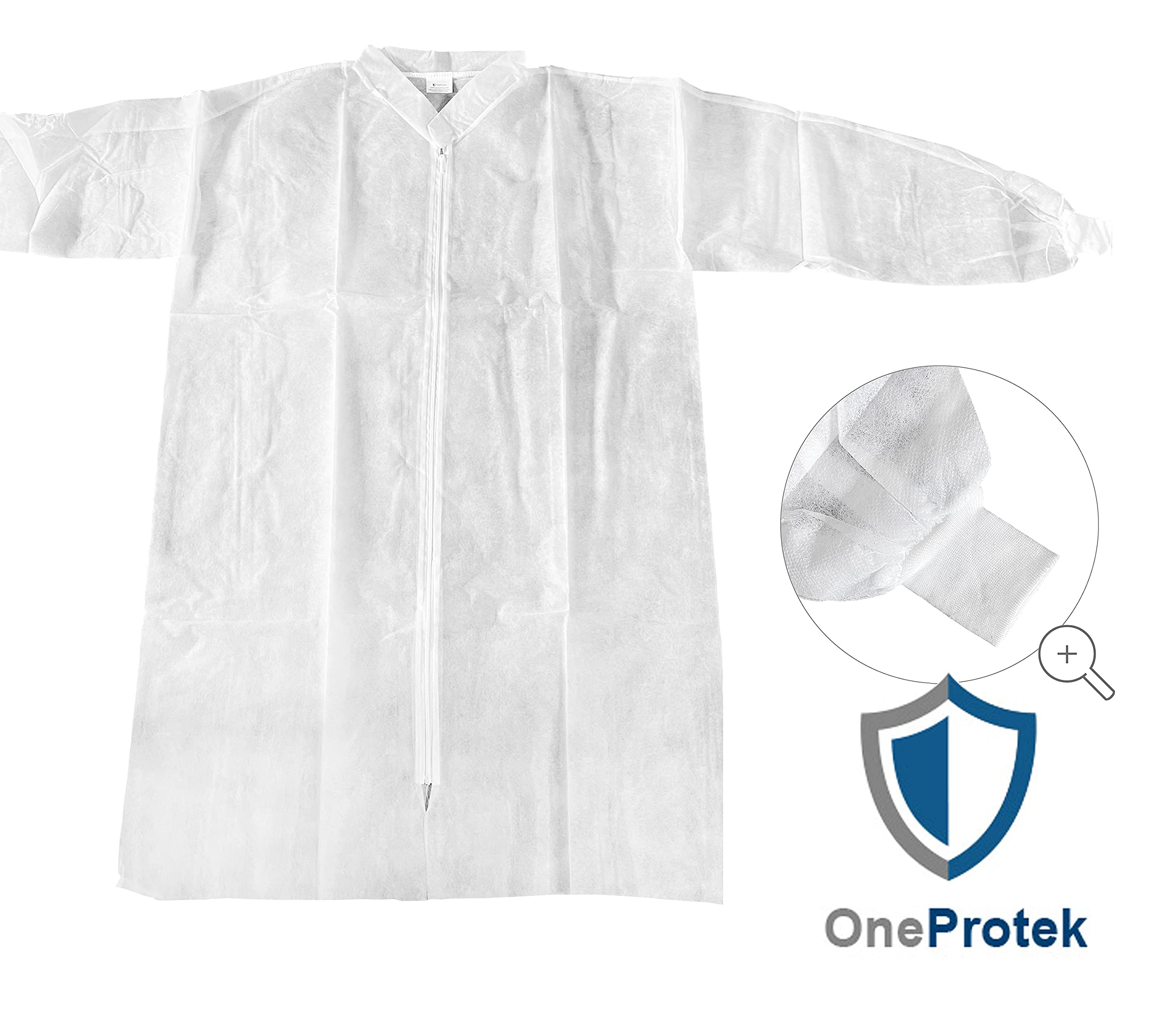 10 Surblouse jetable visiteur OneProtek - Taille XL - Fermeture éclair - Blouse blanche manche longue - Poignets jersey - Polypropylène 25 gr