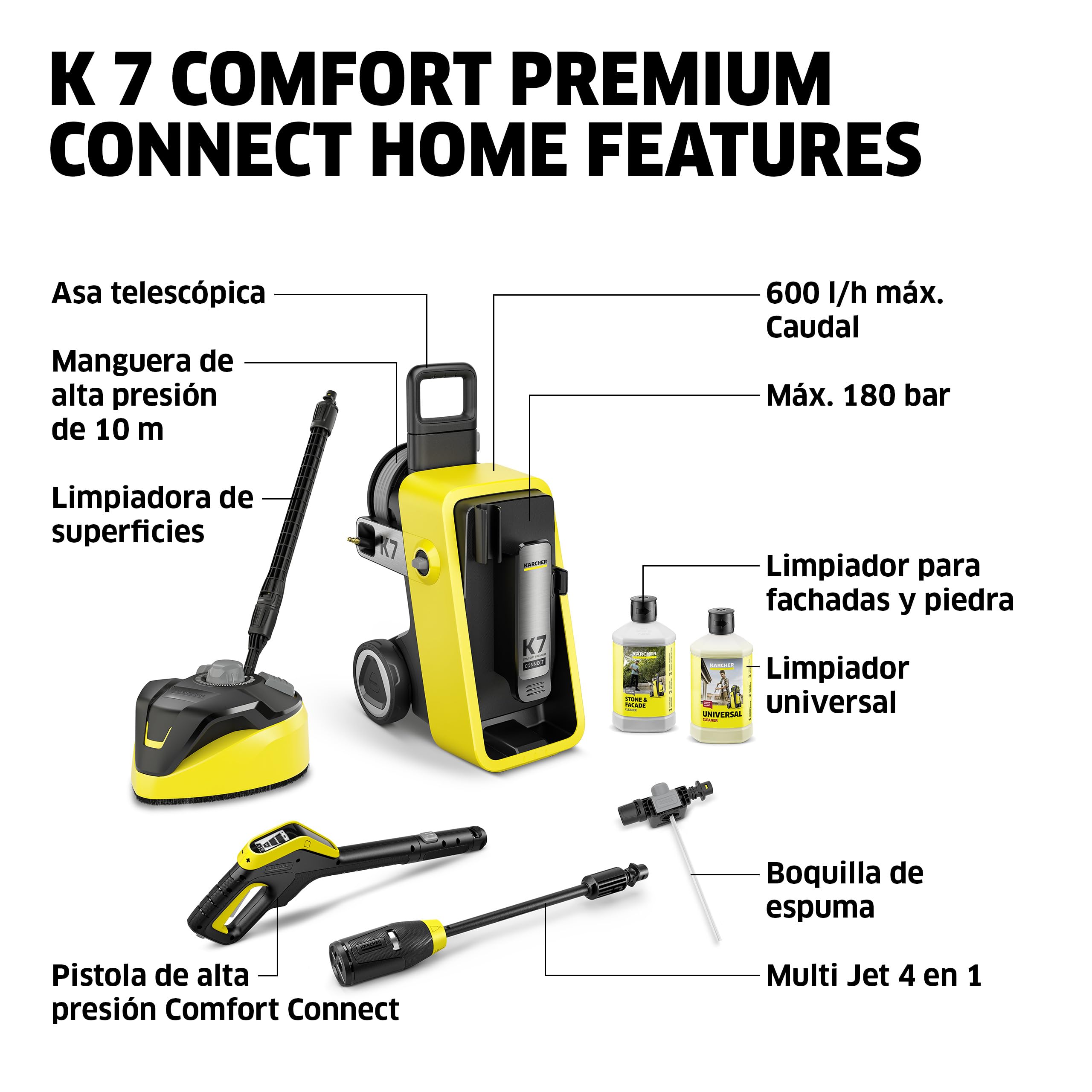 Kärcher hidrolimpiadora K 7 Comfort Premium Connect Home, presión: máx. 180 Bar, caudal: 600 l/h, área: 60 m²/h, Manguera de Alta presión, Tambor para Manguera, Control Mediante App, Home Kit