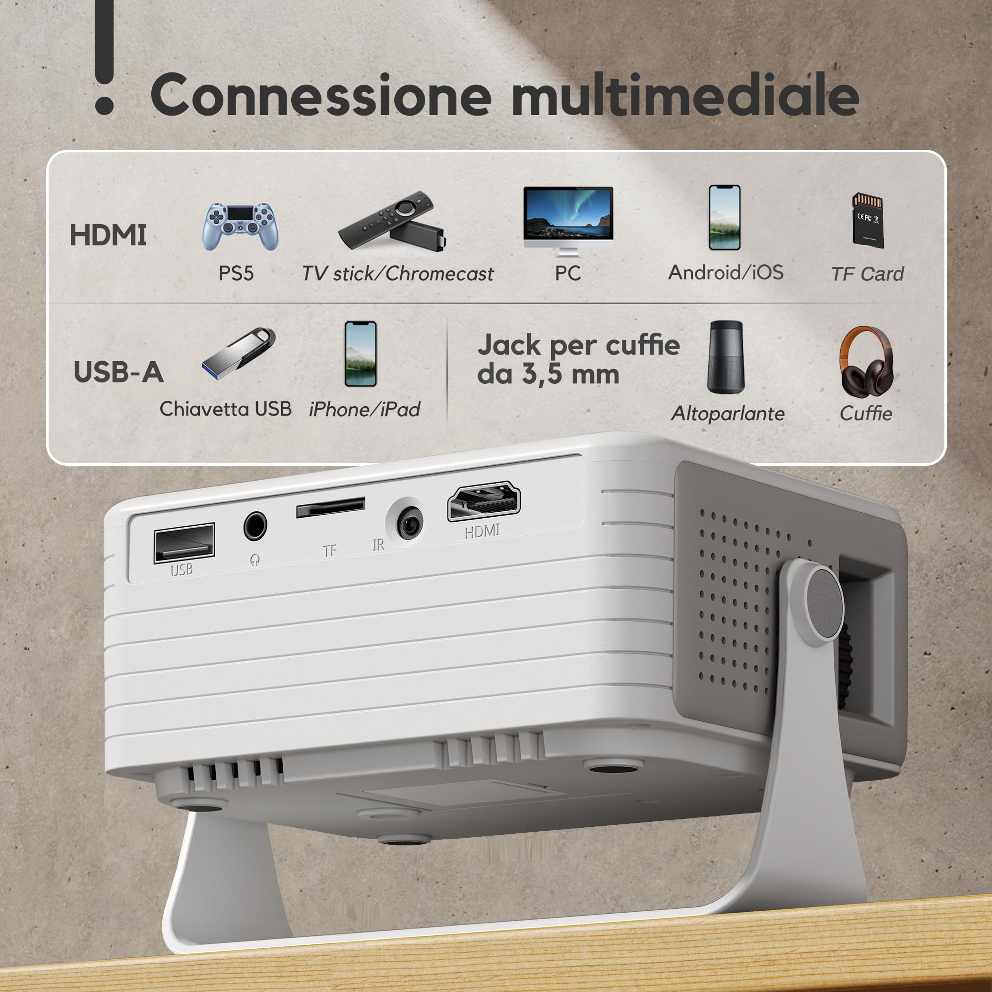 AKIYO O1 Proiettore Portatile 15000 Lumens, 4K Supporto Full HD 1080P, Auto Keystone, Rotabile 360°, per Phone/TV Stick/HDMI/USB/TF