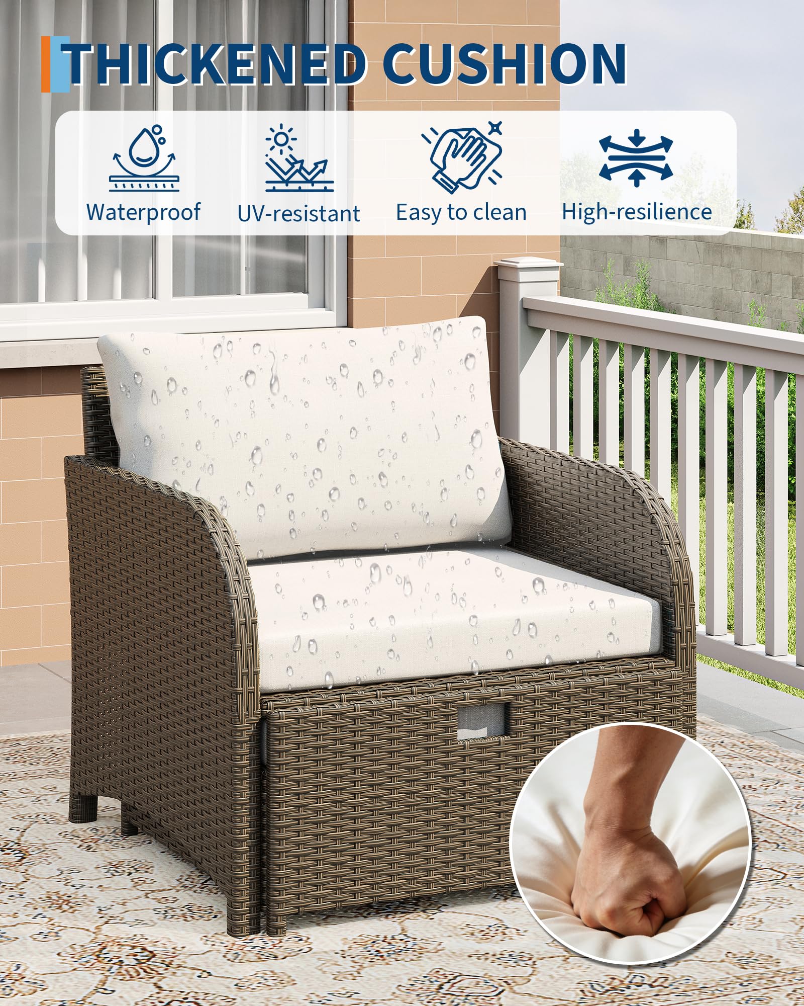 GarveeHome 5er Rattan Gartenmöbel Set mit 71cm breiter Sitzfläche, Balkonmöbel Kleiner Balkon, 2 Rattansessel mit Hocker & Tisch, Gartenlounge Terrassenmöbel, Outdoor Gartengarnitur