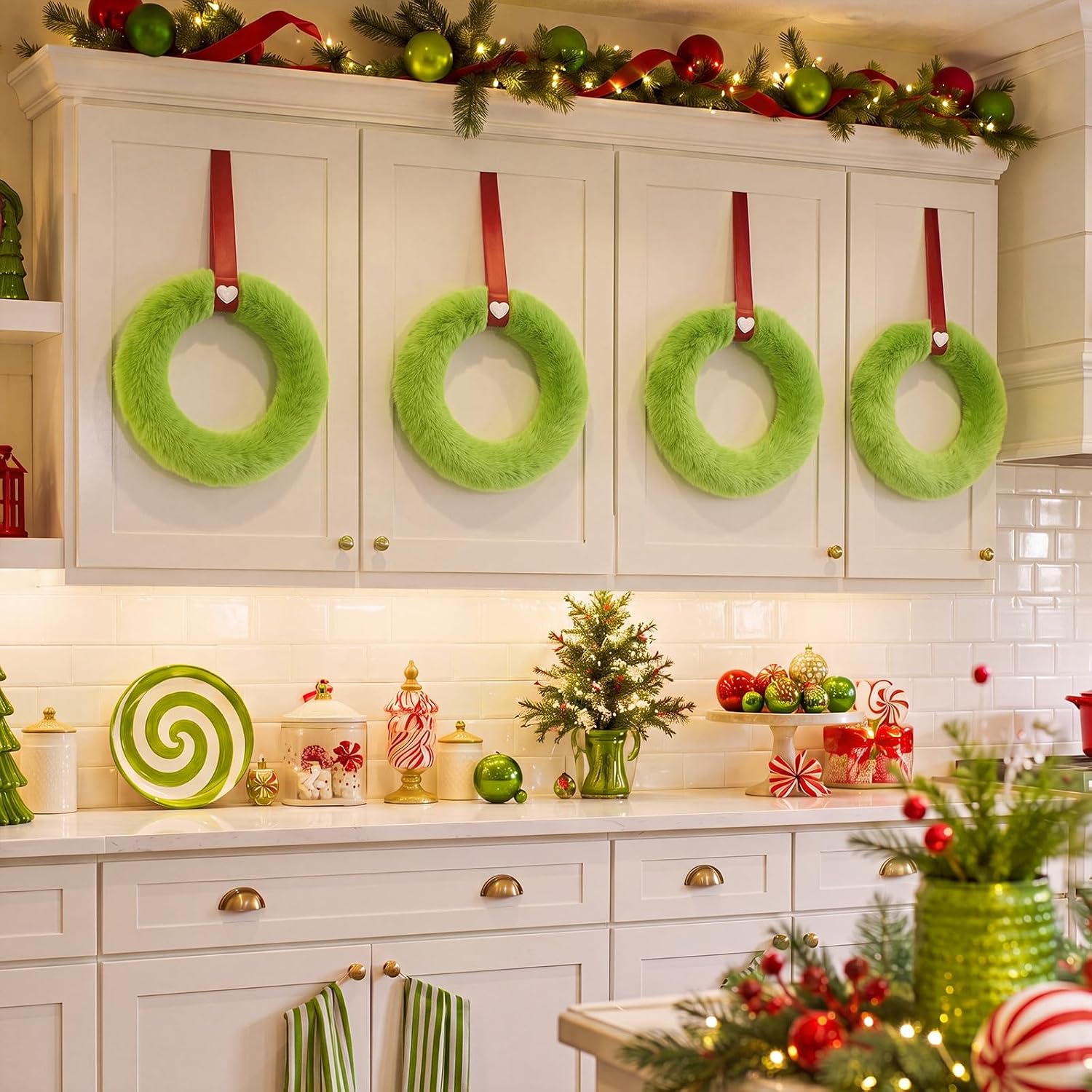 Daifunli 4 Pcs 9 Inch Lime Green Small Christmas Wreath for Kitchen Cabinet
