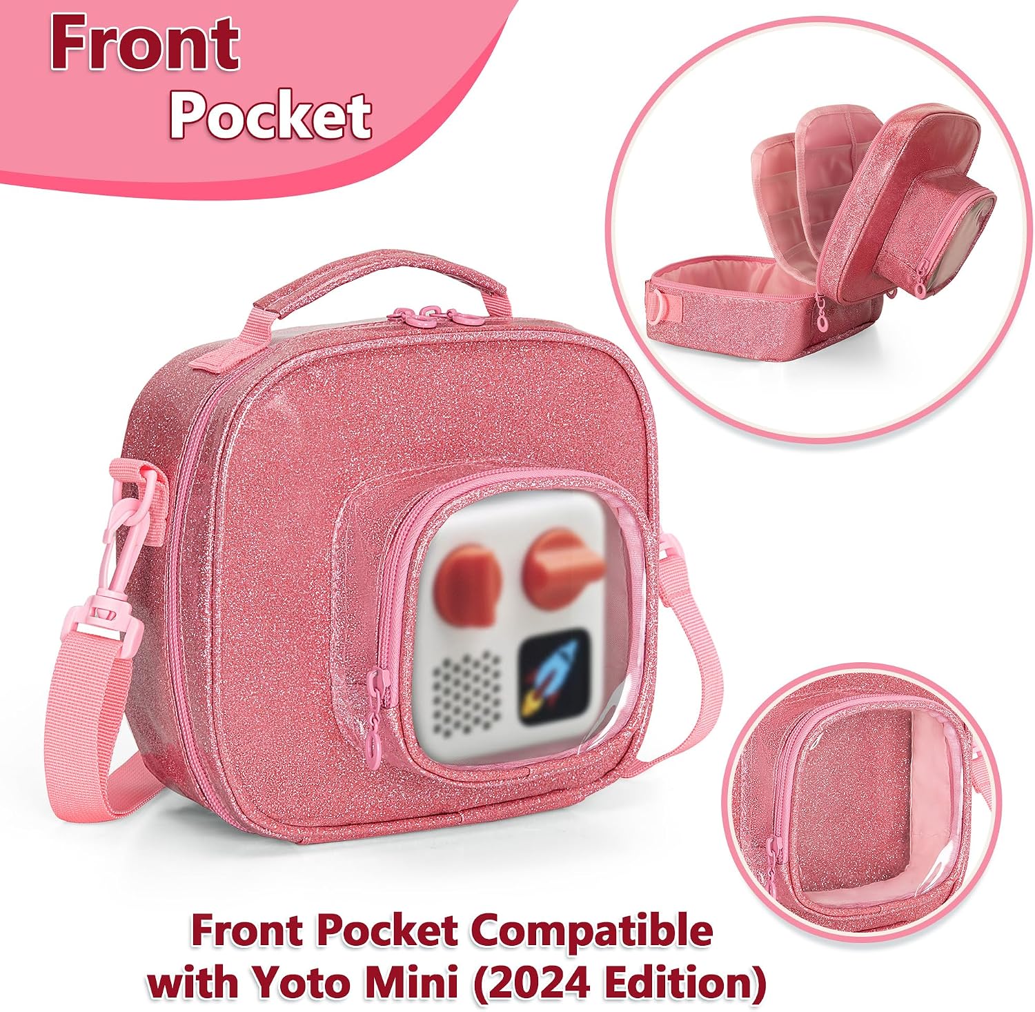LoDrid Carrying Case Compatible with Yoto Mini (2024 Edition), Travel Storage Bag for Audio Player with Adjustable Shoulder Strap for Player Cards and Accessories, Pink, Bag Only
