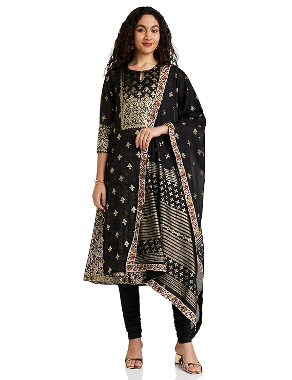 BIBA Women Art Silk Double Layered Kurta Churidar Suit Set – BLK