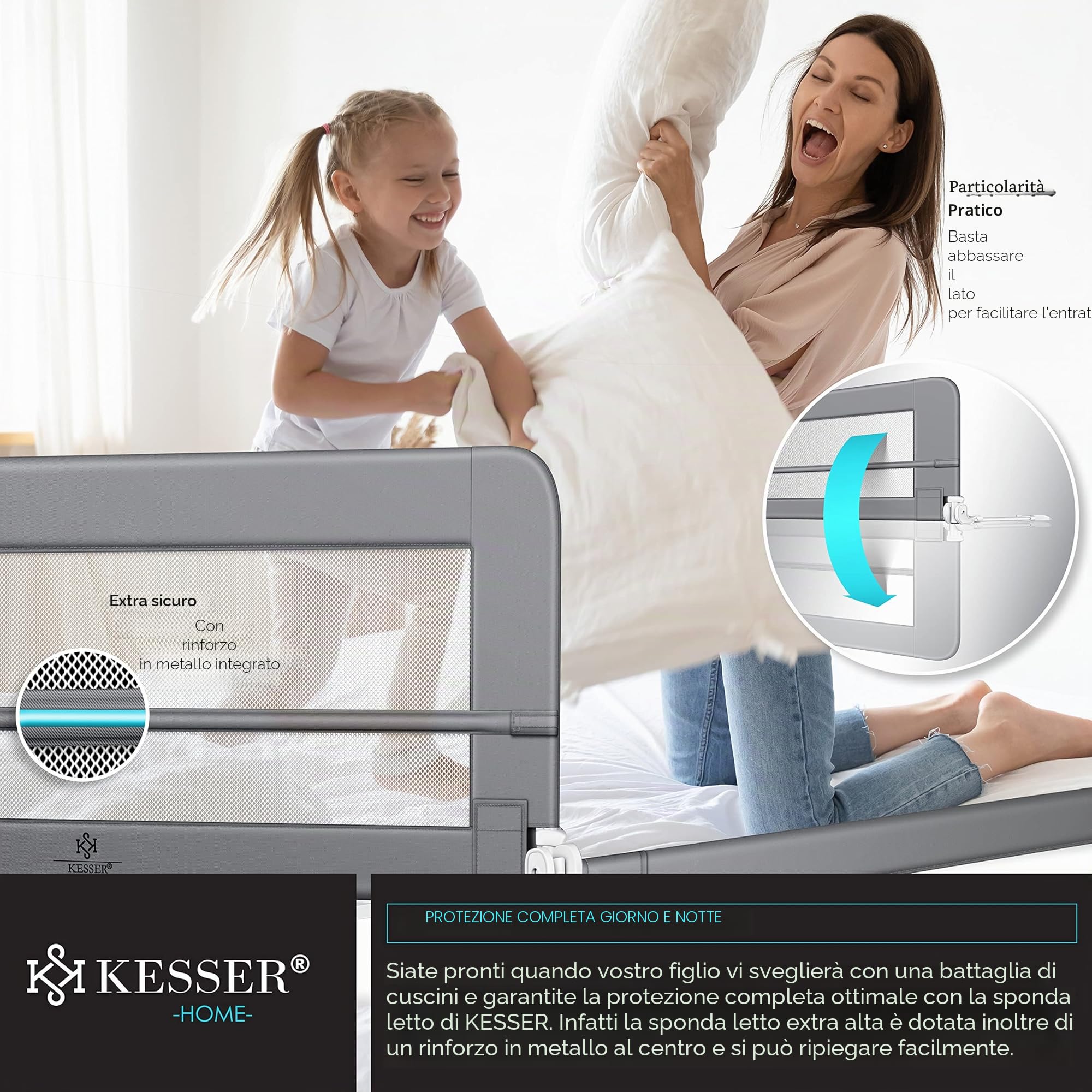 KESSER® Sponda da letto Protezione per letto Sponda da letto bambini Sponda da culla Barriera letto per bambini, Grigio chiaro - 180cm
