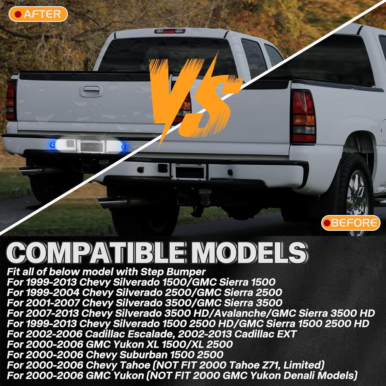Blue & White LED License Plate Light for Chevy Silverado GMC Sierra 1500 2500 3500 Suburban Tahoe Avalanche Cadillac Escalade EXT Yukon XL 2 PCS U Rear Tag Lamp with Socket Pigtail Wiring Harness