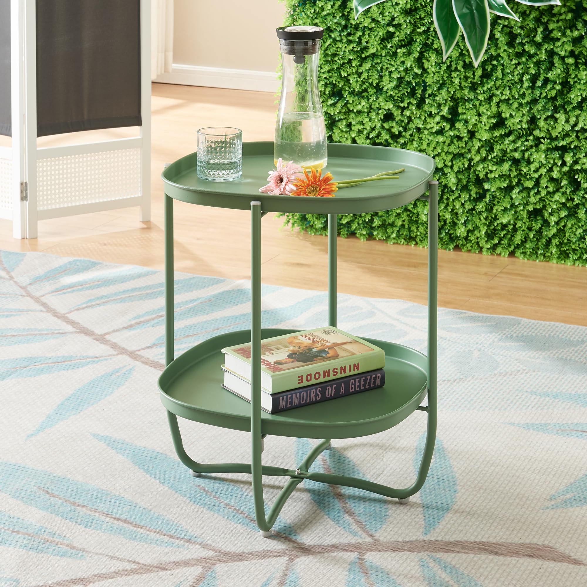 [en.casa] Mesita de Jardín Sandefjord Mesa de Café de Patio con 2 Bandejas Extraíbles Estilo Moderno Mueble de Jardín Terraza Balcón Acero 57,5 x 46 x 46 cm - Verde