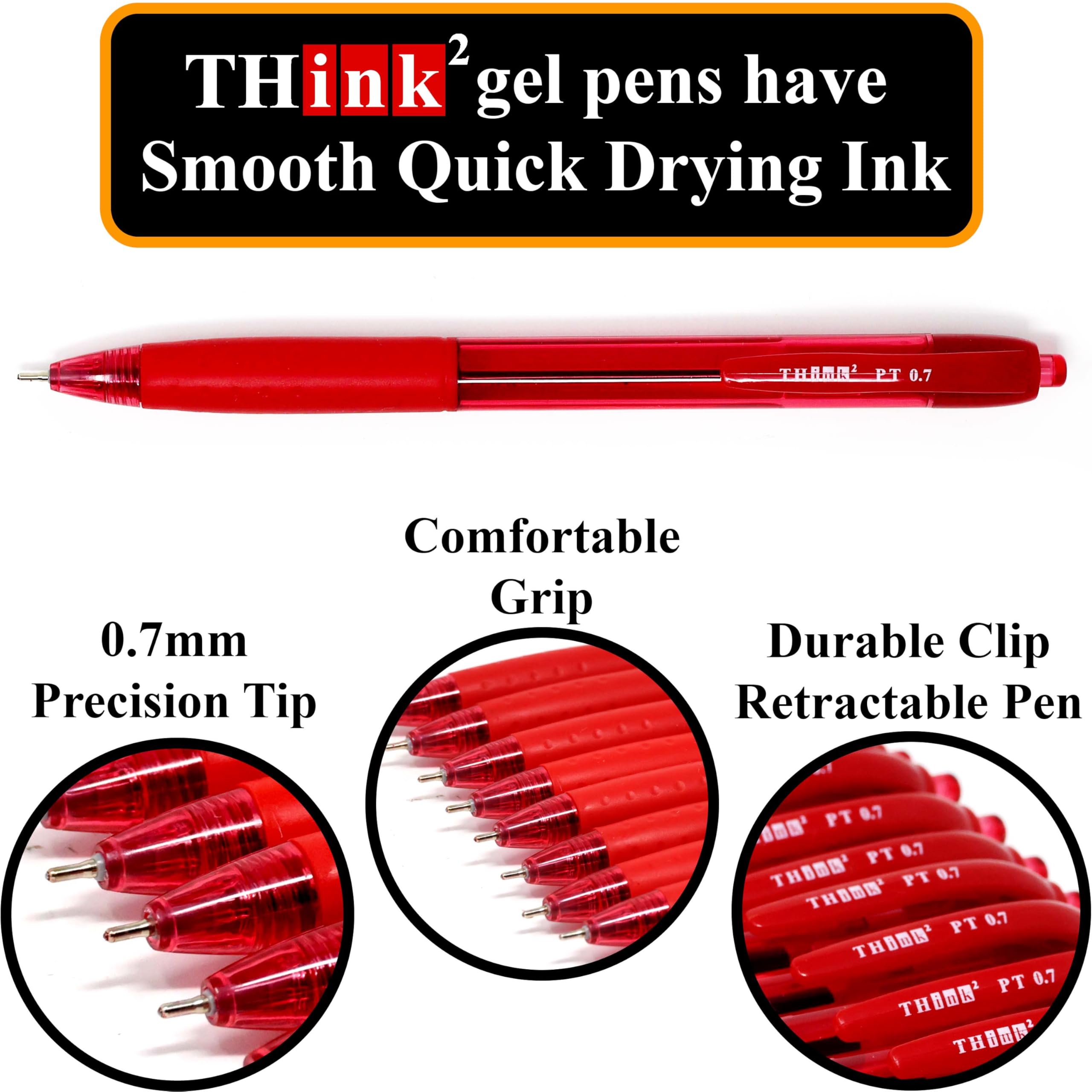 THINK2MASTER 24 bolígrafos de tinta roja Think2 de punta de precisión de 0,7 mm. (24 rojos) bolígrafos pequeños de punta fina con tinta suave de secado rápido.