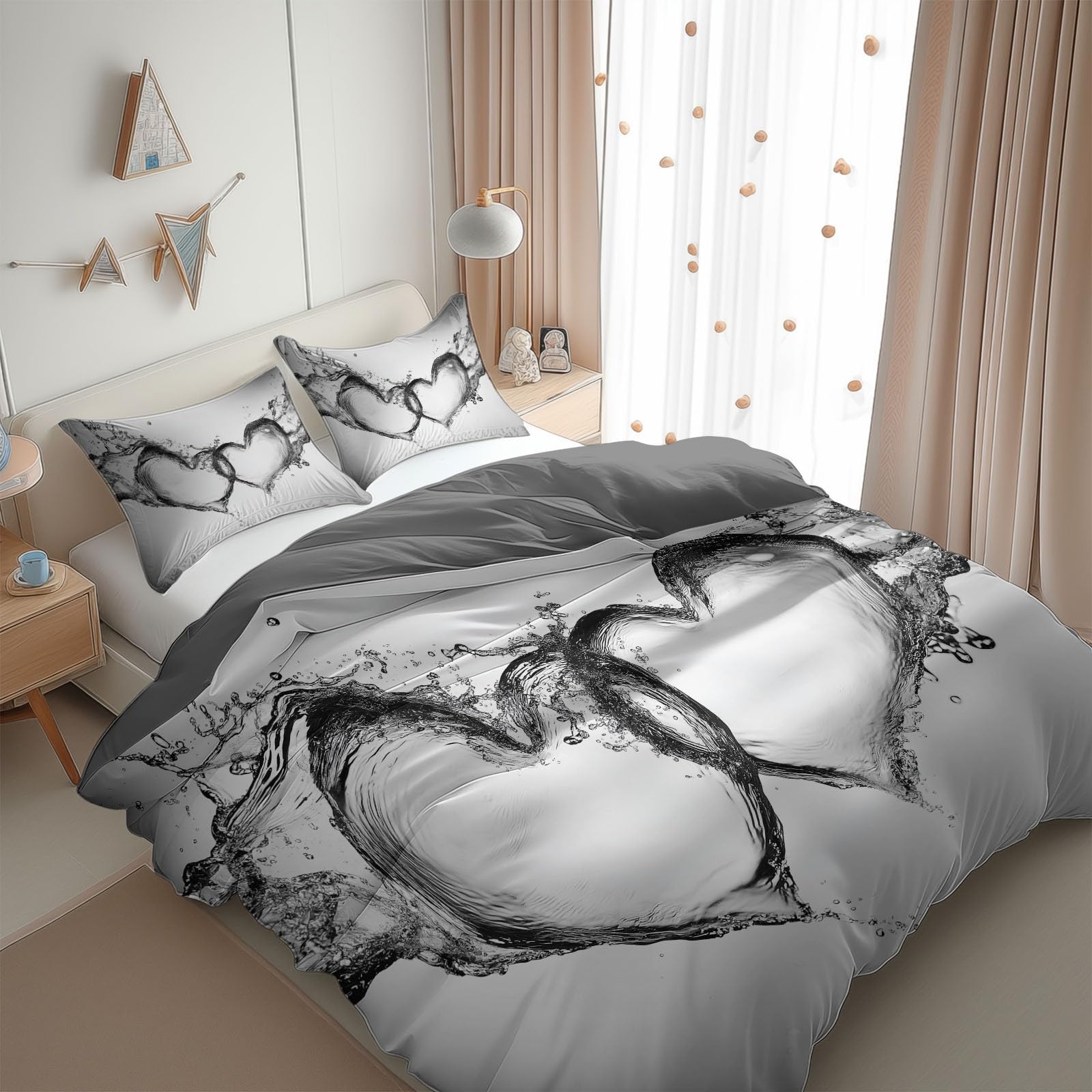 Gray Duvet Cover Twin Size 2 Pieces Heart Splash, Bedding Set Room Decor Bedspread for Kids Teens, Comforter Quilt Cover Bedding Set with Pillow Sham