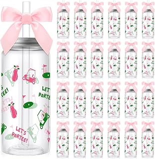 24 Pcs Golf Ball Cups with Straw Lid and Twist Bow 14oz Disposable Drinking Cups Cute Golf Party Decorations for Women Sports Party Supplies Birthday Bridal Shower Wedding Gifts (Pink)
