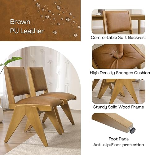 Vista 10 de Juego de 2 sillas de comedor modernas de mediados de siglo tapizadas de lino con patas de madera negra, sillas laterales sin brazos con respaldo