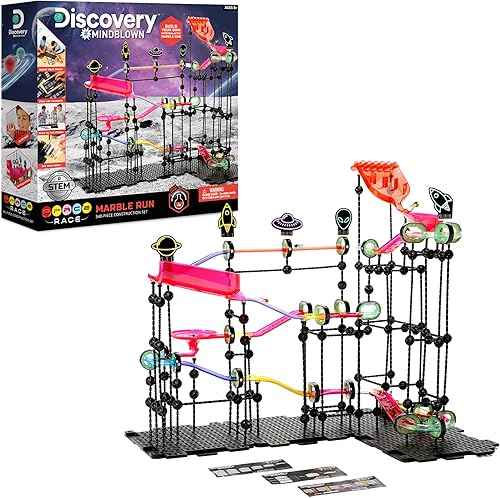 Discovery #Mindblown Space Race Marble Run, juego de construcción interestelar, 3 eventos competitivos de carreras para 6 canicas, juguete educativo