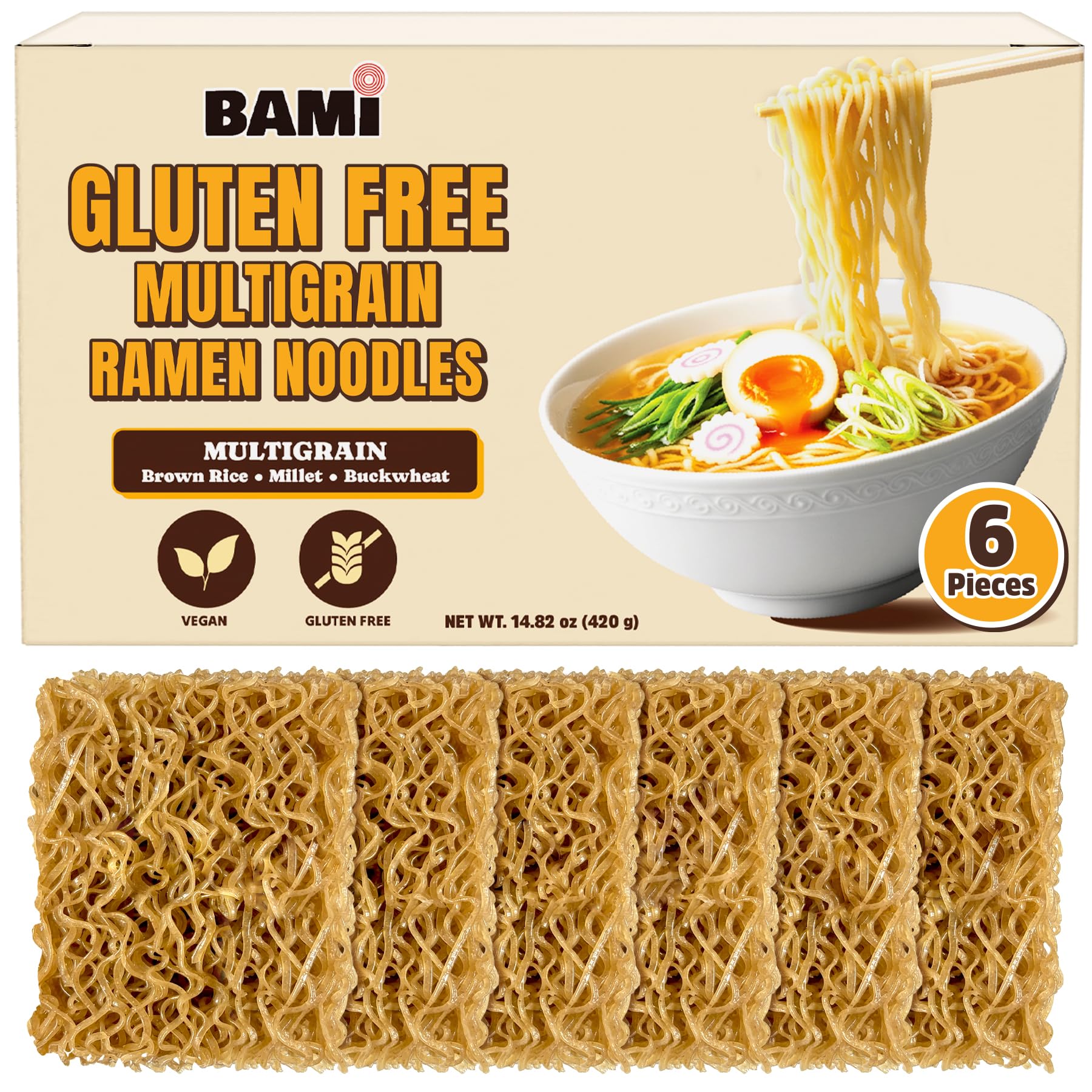 Gluten Free Ramen Noodles Multigrain (6 packs) Millet And Brown Rice Ramen Noodles Plain, Low Sodium, Vegan, Healthy Buckwheat Noodles No Seasoning