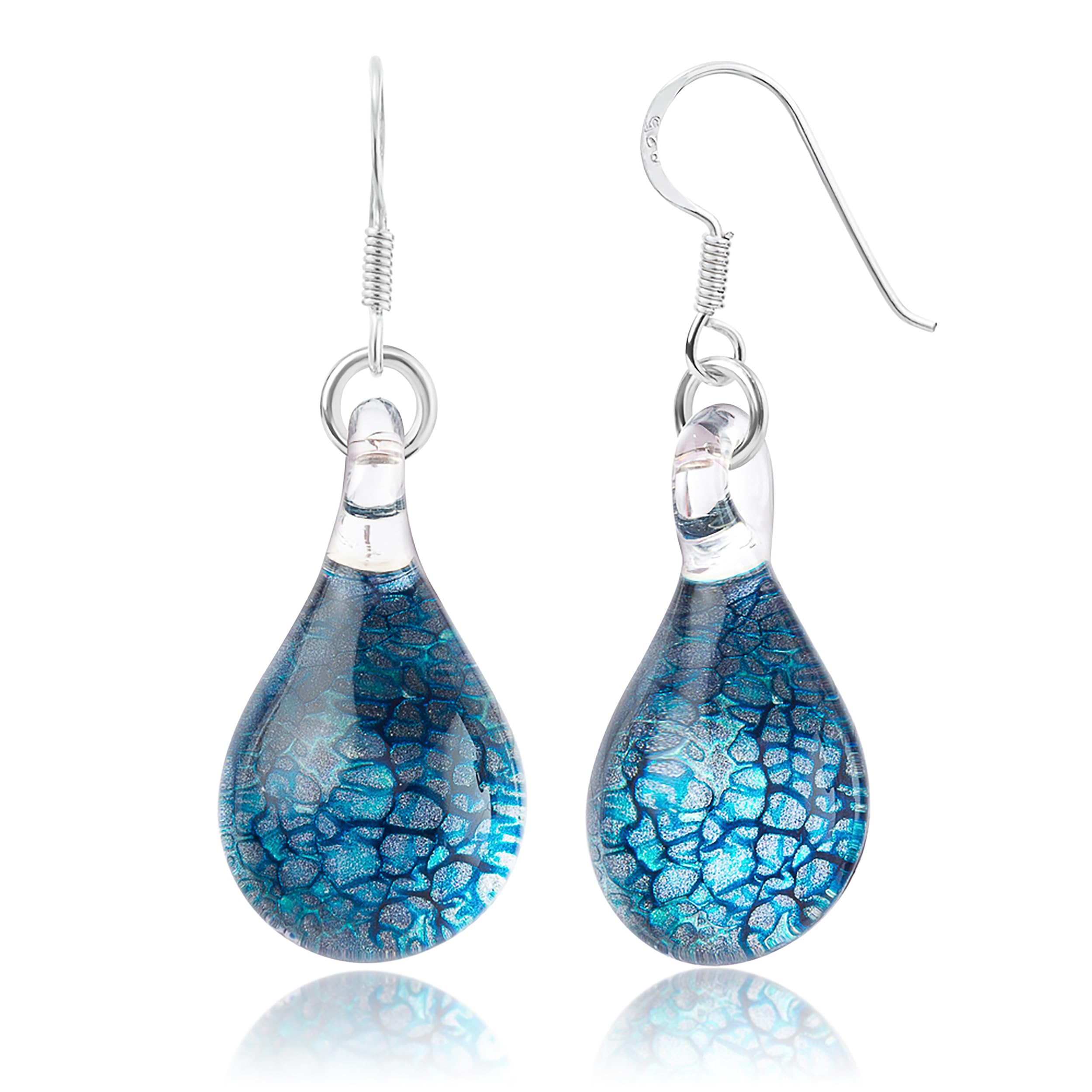 Chuvora 925 Sterling Silver Hand Blown Glass Blue Silver Water Drop Teardrop Shape Dangle Earrings