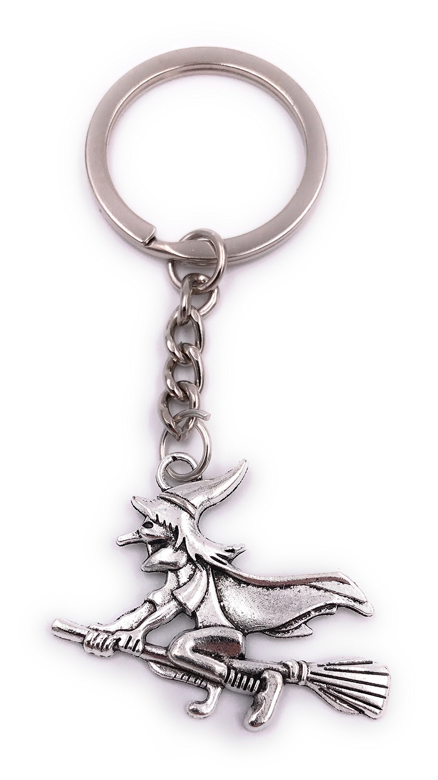 H-Customs Witch on broom keychain silver metal pendant