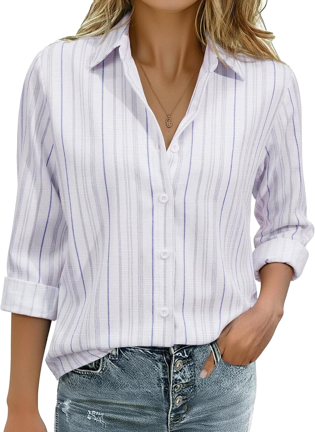 Linen Shirts for Women Button Down Shirts Long Sleeve Collared Blouses Striped Casual Work Tops Cowgirl Western Outfits