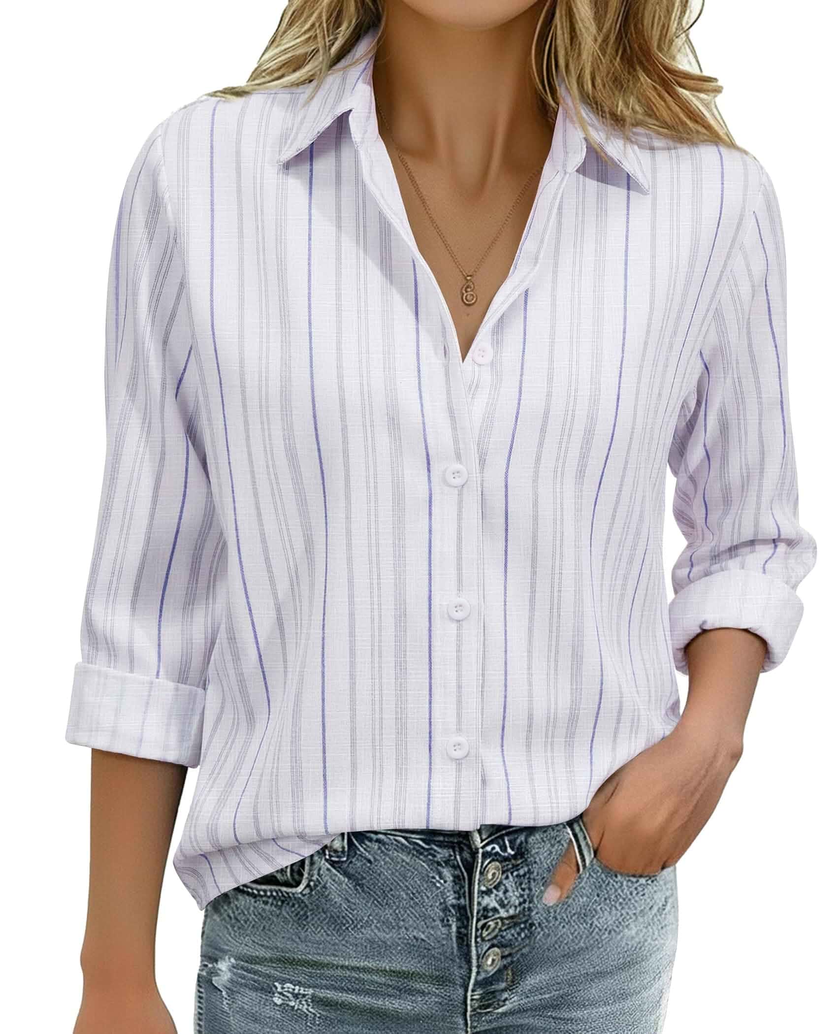Linen Shirts for Women Button Down Shirts Long Sleeve Collared Blouses Striped Casual Work Tops Cowgirl Western Outfits Loose Fit