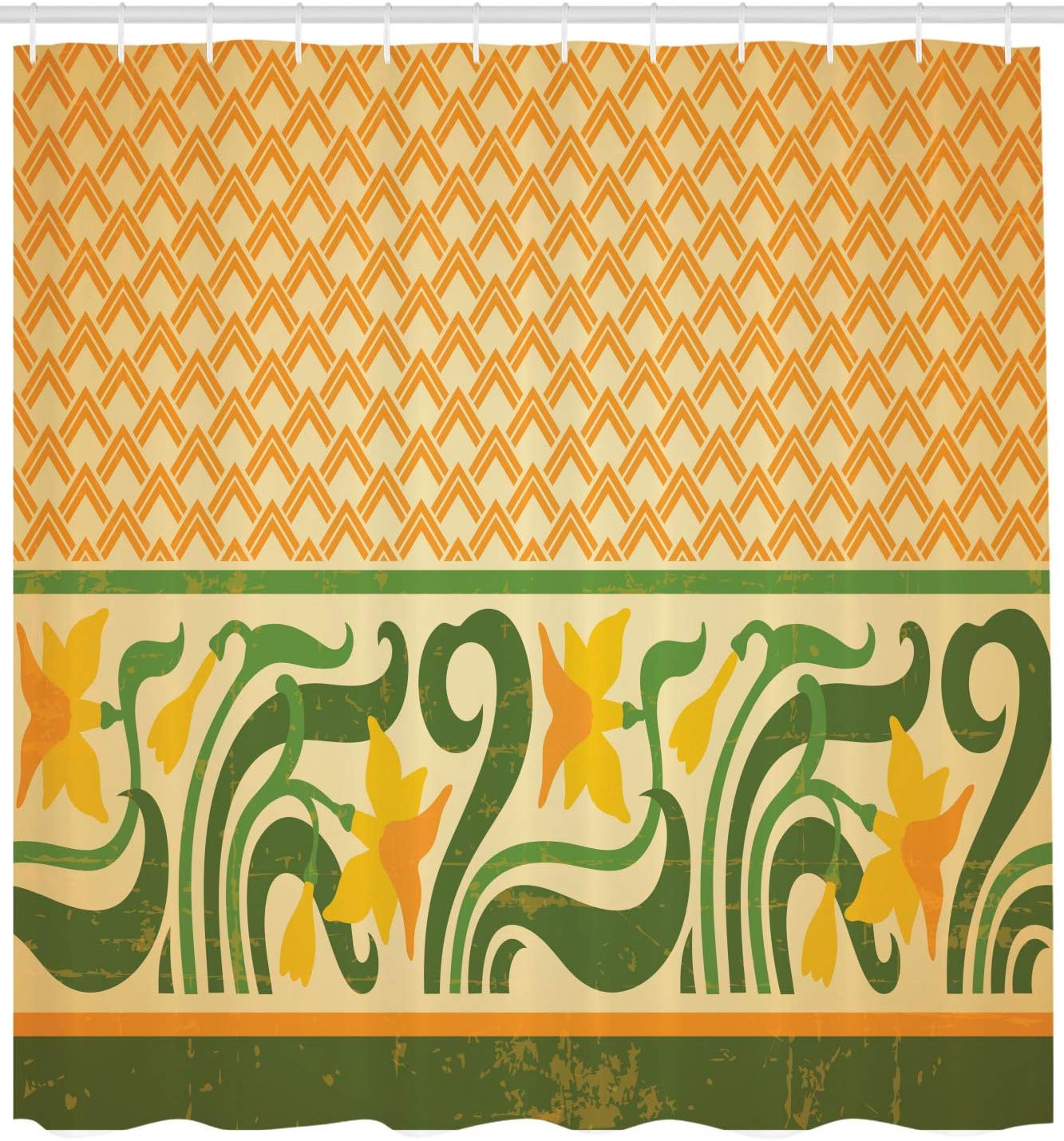 Ambesonne Art Nouveau Shower Curtain, Fresco Ornament Geometric Pattern with Exotic Daffodil Floral Border, Cloth Fabric Bathroom Decor Set with Hooks, 69" W x 70" L, Orange Yellow Green