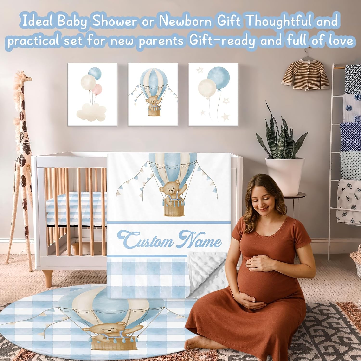 Personalized Baby Crib Bedding Set, 5 Piece Custom Name Baby Crib Bedding with Blanket, Fitted Sheet, Rug, Changing Pad Cover, Wall Art for Infant Toddler Boys Girls, Gift, Balloon Bear Theme