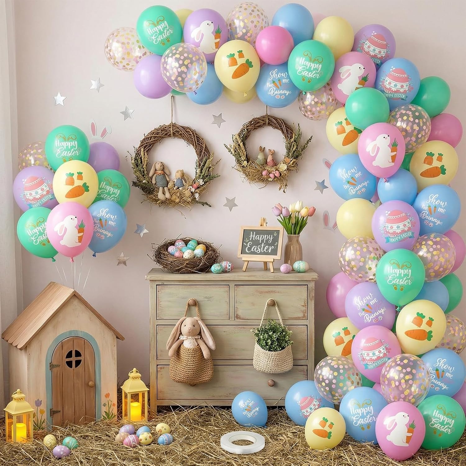 Pastel Easter Balloons,12 Inch Macaron Pink Blue Purple Green Yellow Balloon Printed Easter Eggs Bunny with Colorful Confetti Balloons for Spring Easter Birthday Theme Party Decorations