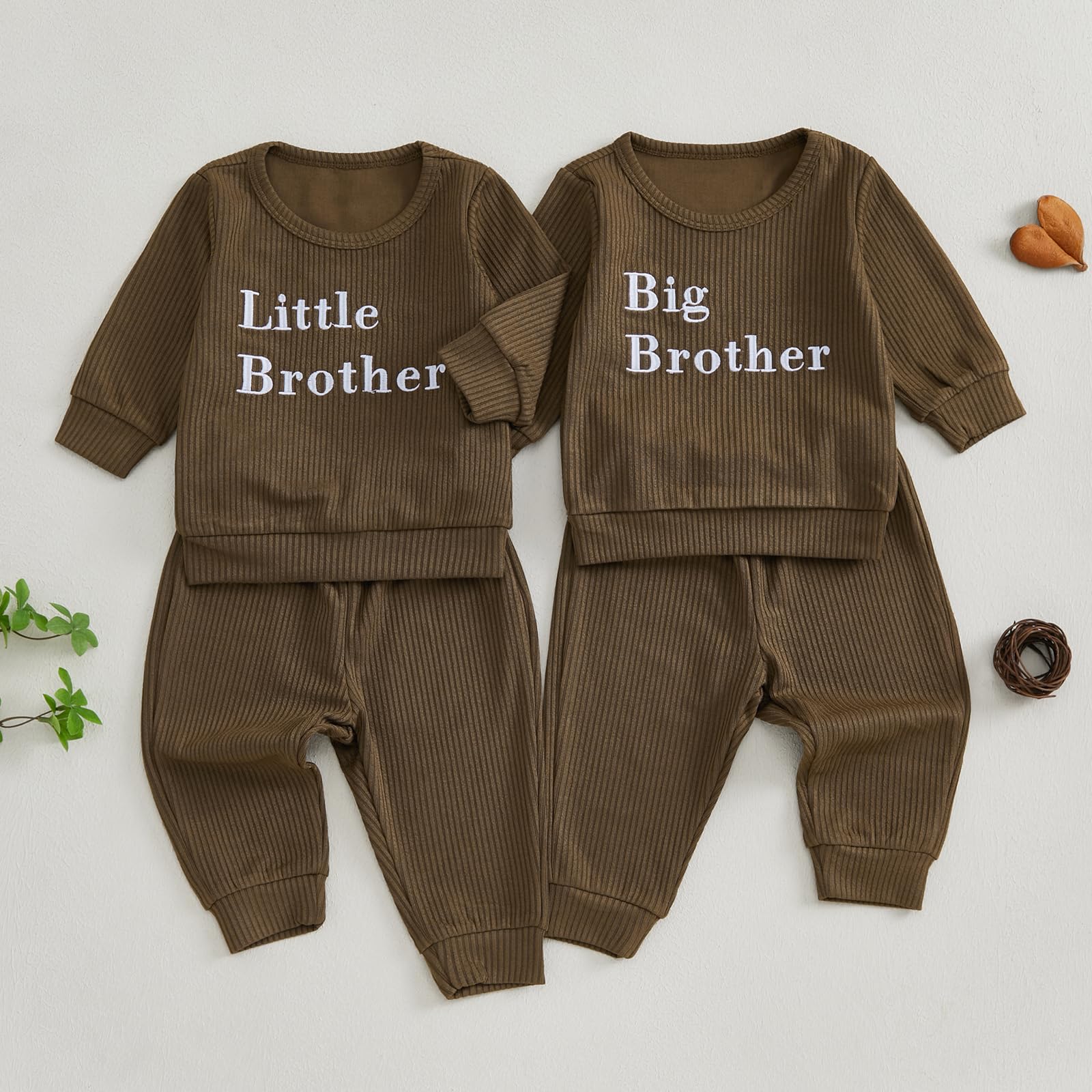 Little Brother Big Brother Matching Outfits Toddler Ribbed Knitted Long Sleeve Shirt Pants Baby Boy Fall Clothes (Brown Little Brother, 0-6 Months)
