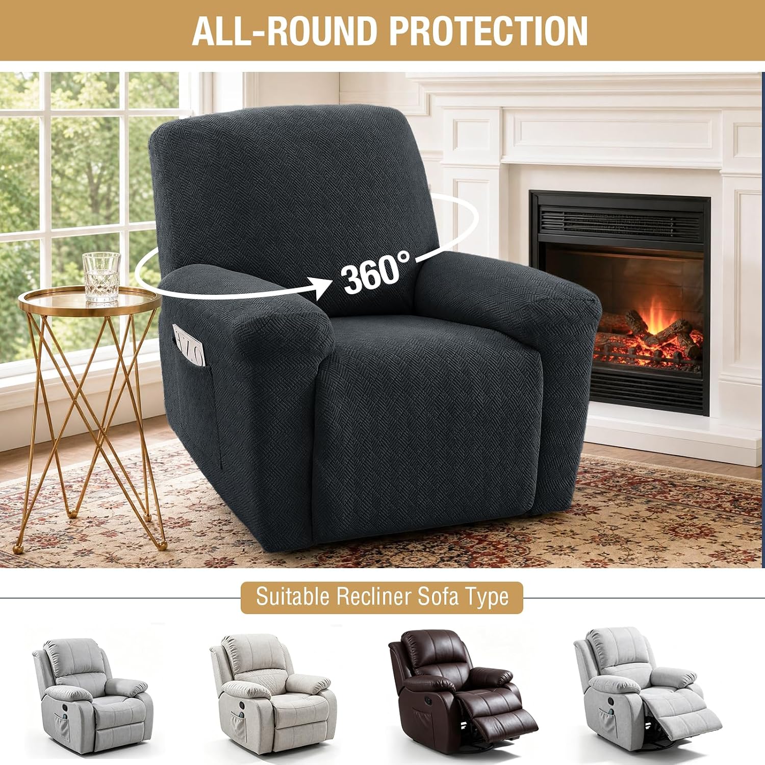 XINEAGE Stretch Recliner Cover with Pockets, Chair Slipcover,Dark Gray | Non-slip Elastic Bottom, High-density Fabric,Scratch-proof, Machine Washable, Pet Friendly Furniture Protector, Standard Size