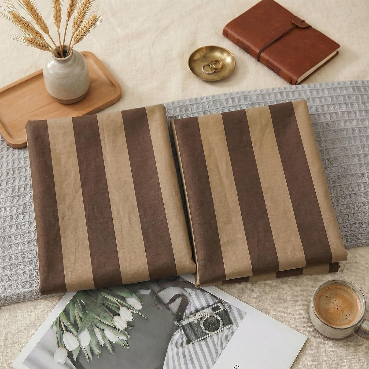 Merryword Queen Size Pillowcases, 100% Cotton Pillow Cases, Brown and Khaki Striped Pillowcases, Luxury Linen Like Pillowcase, Soft Breathable Wide Stripes Pillow Covers, Set of 2