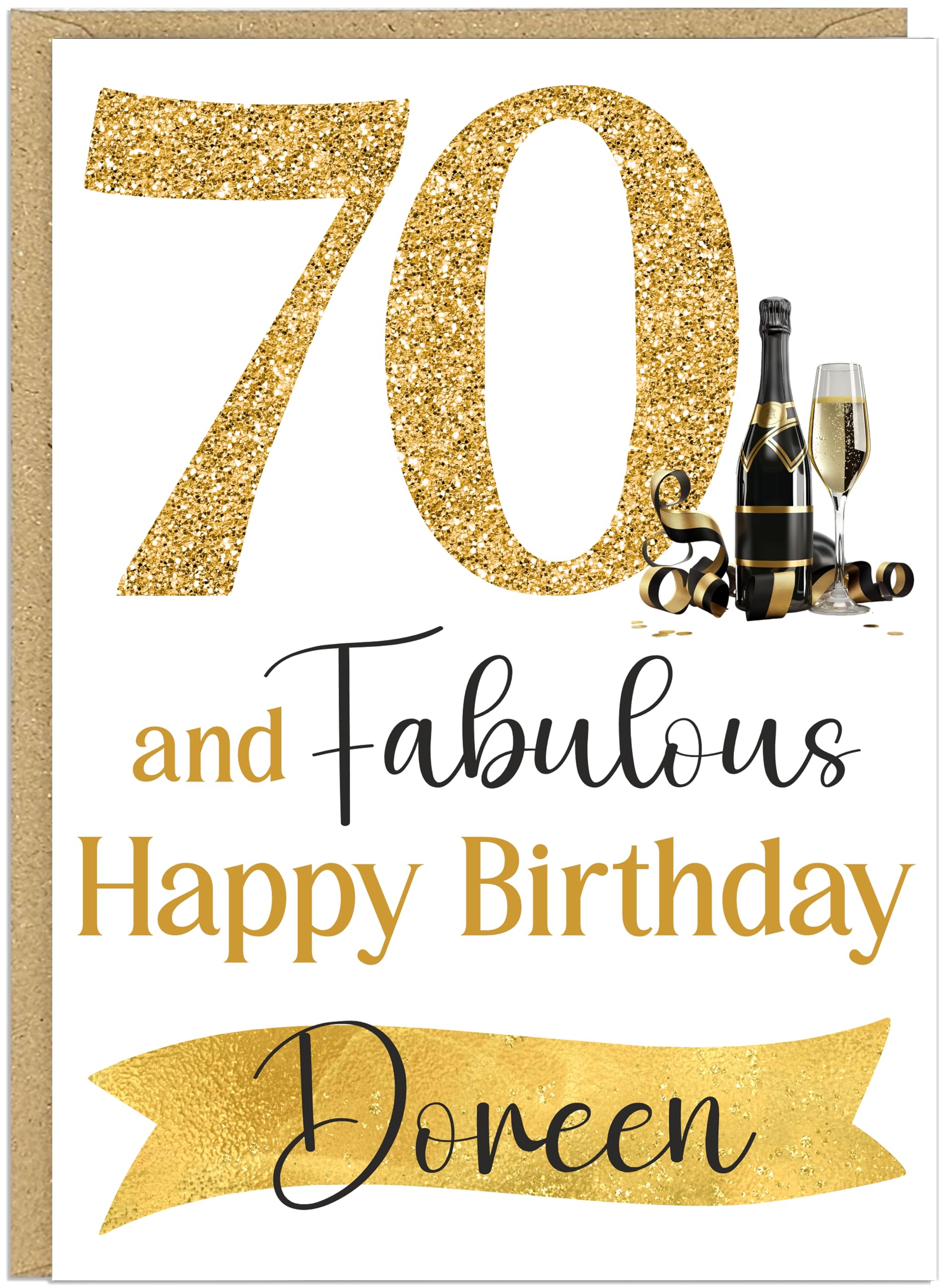 Custom Milestone Birthday For Her Cards - 30th 40th 50th 60th 70th 80th 90th & Fabulous! Add Own Name Gold Champagne Happy Birthday Female Greeting Cards (70th)