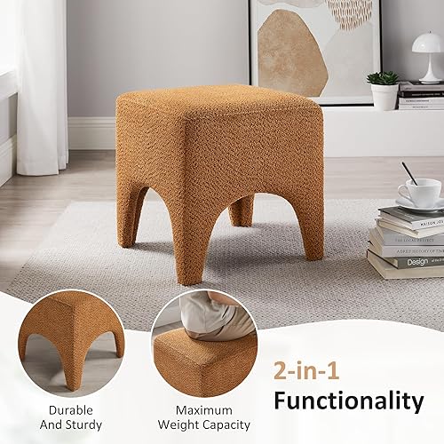 Miniatura 4 de Taburete Otomano Cuadrado Moderno de Boucle de 17", Taburete de Tocador para Maquillaje, Reposapiés Rectangular para Sofá, Taburete Otomano Tapizado