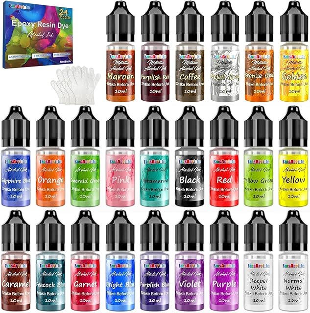 Alcohol Ink Set - 24 Vivid Colours, Concentrated Alcohol-Based Ink, Epoxy Resin Paint Colour Dye for Resin Coaster, Acrylic Painting, Tumbler Making,10ml Each