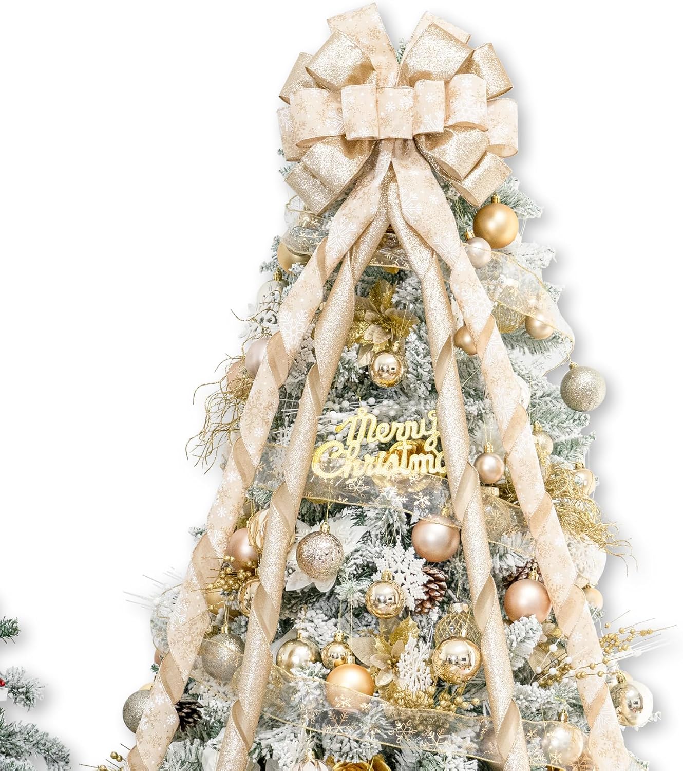Hismir Christmas Tree Topper Bow，53x14 Inches Large Christmas Bow with Glitter Streamer and Patterned Ribbon，Decorative Bows for Xmas Tree Wreath Door Festival Home Decor(Champagne Gold Snowflake)
