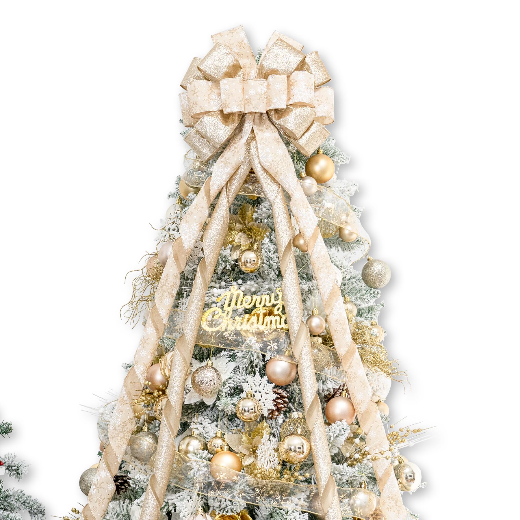 Hismir Lazo Grande de Navidad con Serpentina de Purpurina y Cinta Estampada, Lazos Decorativos para árbol de Navidad, Corona, Puerta, Festival, decoración del hogar (Copo de Nieve Dorado)