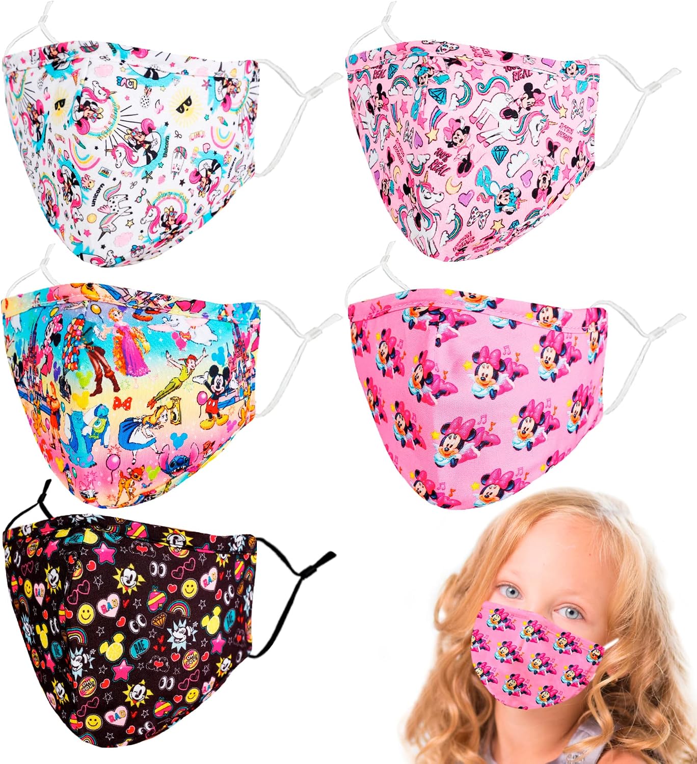 5 PCS Kids Face Masks, Washable & Reusable Design Facemask for Boys Girls with Adjustable Earloops
