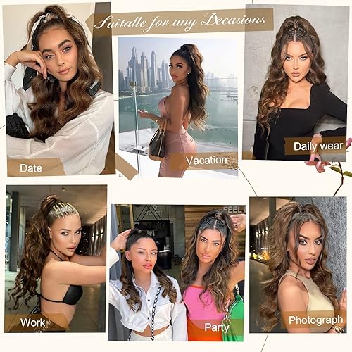 Miniatura 7 de FREEMEIGE Extensión de cola de caballo con cordón, extensión de cola de caballo de cuerpo largo ondulado para mujer, extensión de pelo sintético con