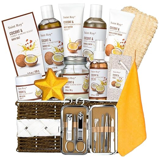 Saint Roy Cesta De Spa Com 26pç De Coco, Mel E Amêndoas Para Mulheres E Homens - Conjunto De Luxo Para Banho E Corpo, Kit Spa Completo Para Casa - Ideal Para Relaxar E Cuidar Da Sua Vida - Presente