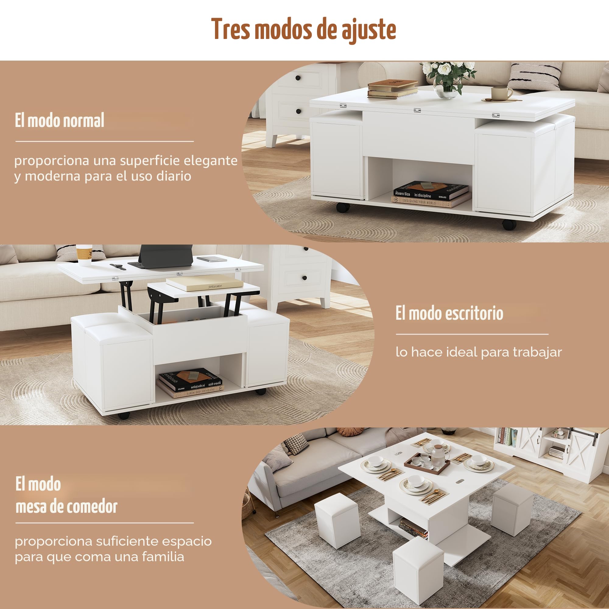 Mesa de centro multifuncional elevable: el escritorio puede abrir 2 mesas, color blanco, gran capacidad, muebles modernos de salón, oficina, mesa de comedor, 100 x 100 x 63,5 (largo x ancho x alto)